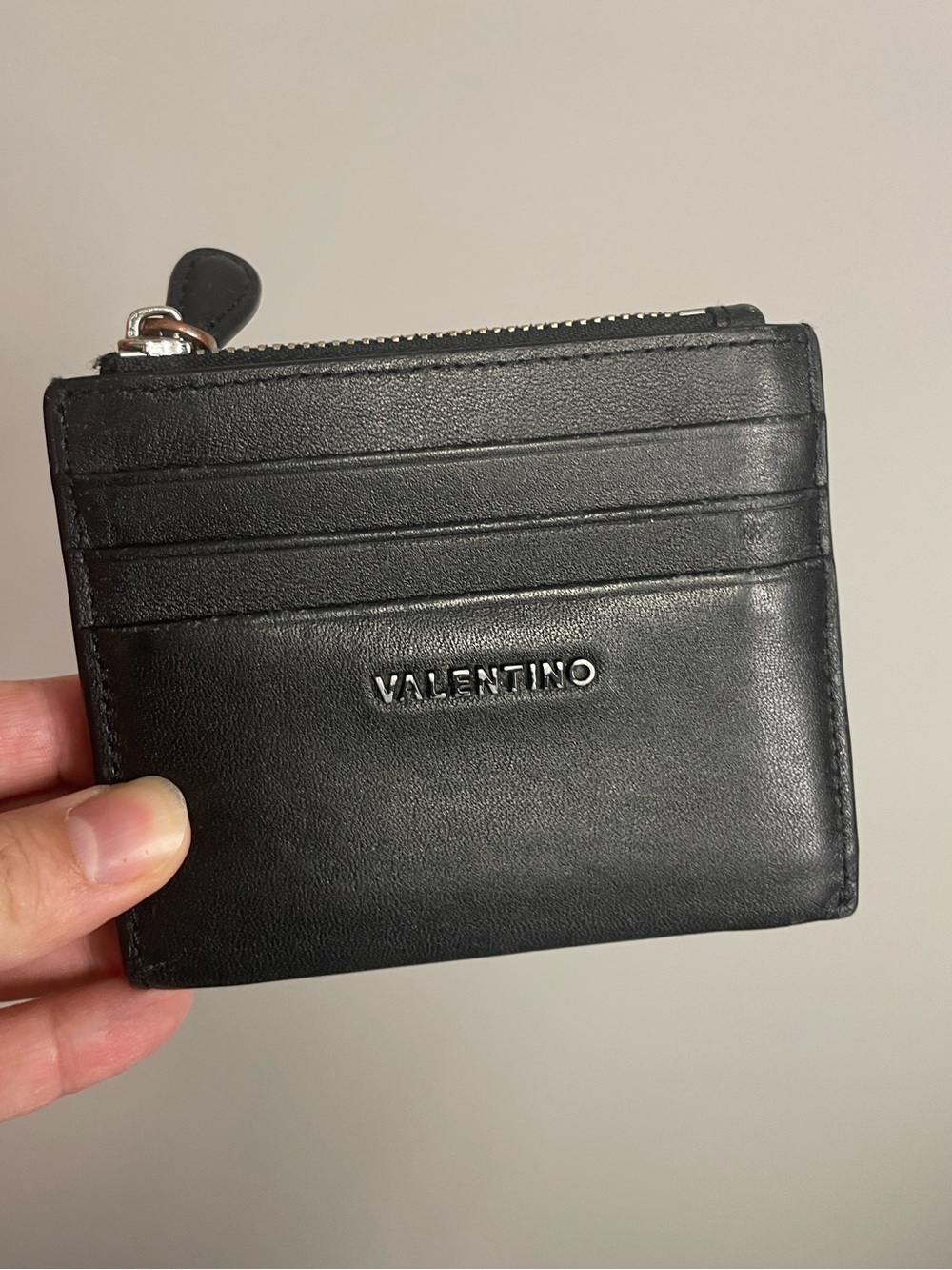 Valentino Credit Card Leather Wallet 4.5”x3.25” Black zippered pouch - Picture 1 of 4